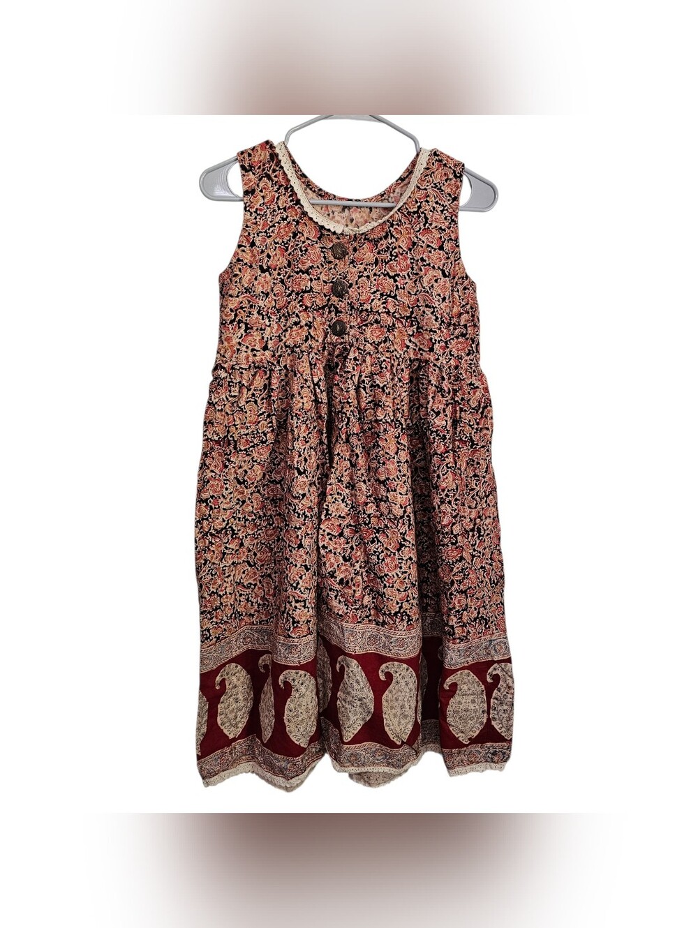 Vintage Paisley Floral Midi Dress Sleeveless Boho Lace Trim Multicolor Pattern - Picture 1 of 5